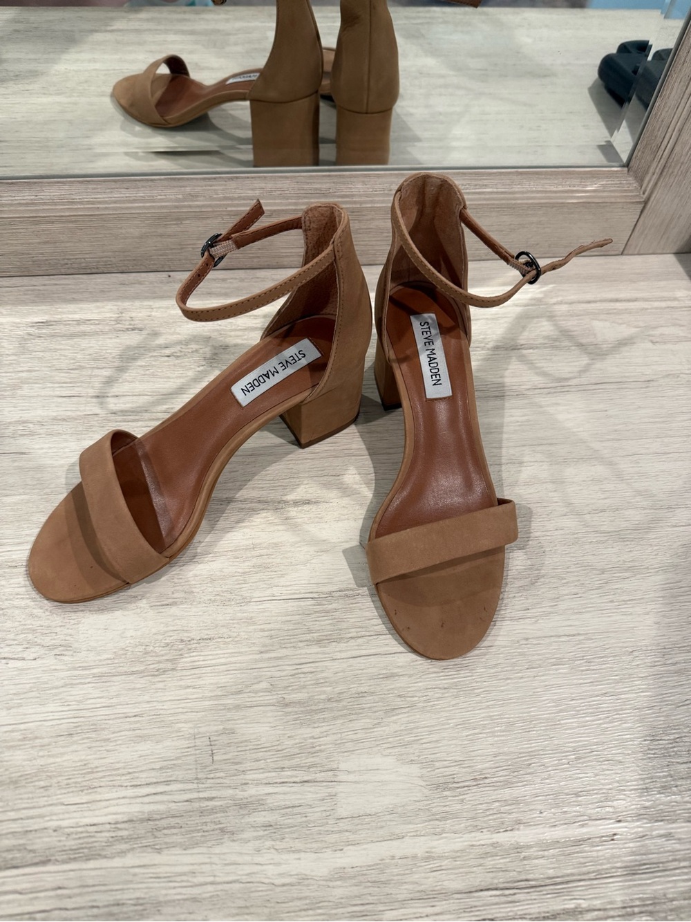Steve Madden Tan Suede Block Heel Ankle-Strap Sandals